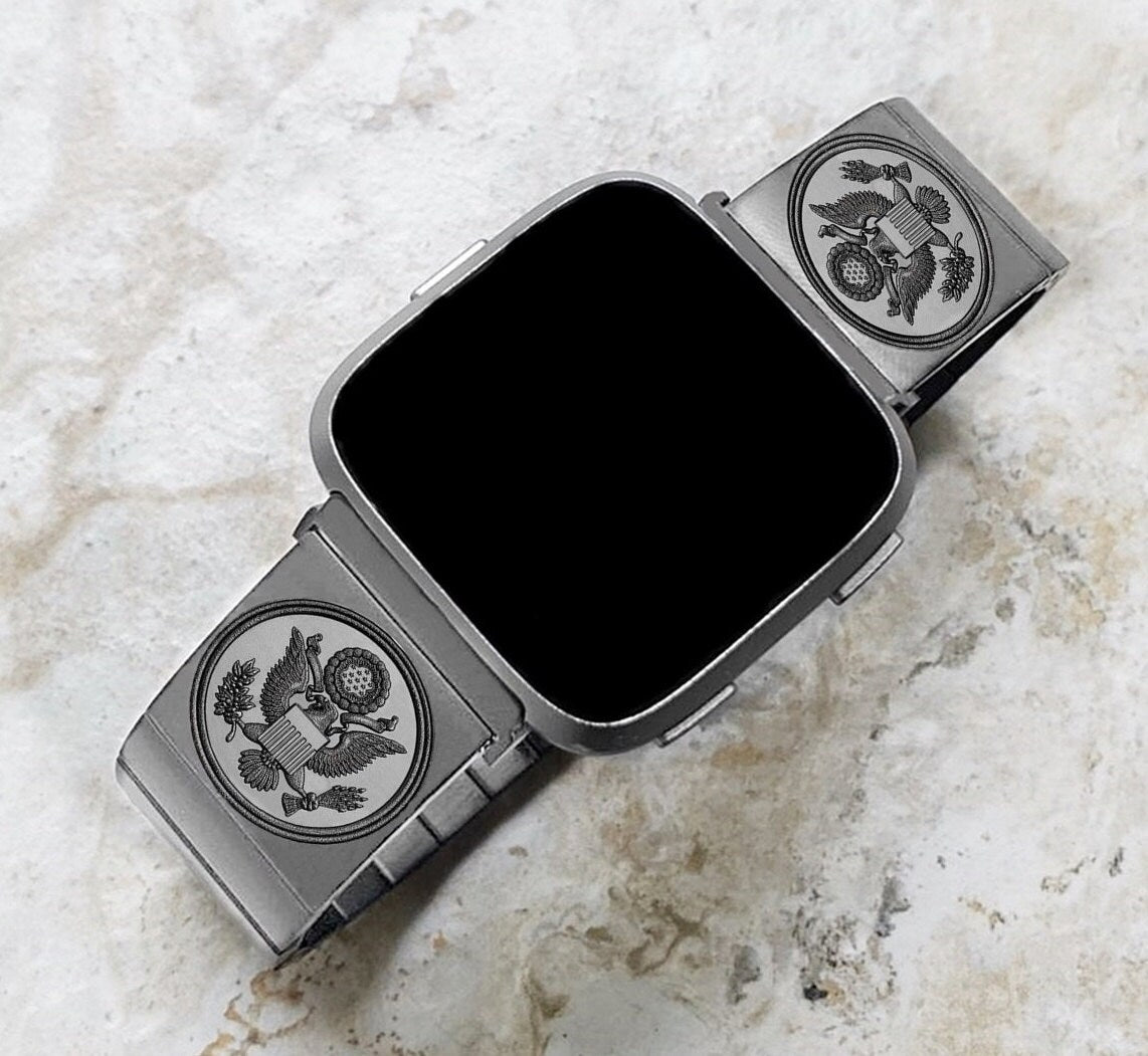 Engraved Watch Band Compatible with Fitbit Versa Lite 2 3 4 and Sense 2 Smartwatches Silver Color Stainless Steel Bracelet Strap AS1